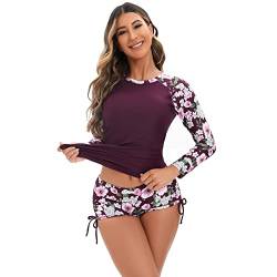 UV Shirt Damen Wasser Langarm Blume Schwimmshirt Bade Tankini Oberteil Shorts Schwimmhose Schwimmanzug Badeanzug mit Bein Frauen UPF 50+ Rashguard Bademode Kurz Strandmode Surfanzug Fuchsia M von Odizli