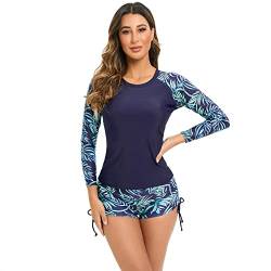 UV Shirt Damen Wasser Langarm Blume Schwimmshirt Bade Tankini Oberteil Shorts Schwimmhose Schwimmanzug Badeanzug mit Bein Frauen UPF 50+ Rashguard Bademode Kurz Strandmode Surfanzug Marineblau #A L von Odizli