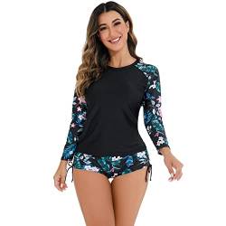 UV Shirt Damen Wasser Langarm Blume Schwimmshirt Bade Tankini Oberteil Shorts Schwimmhose Schwimmanzug Badeanzug mit Bein Frauen UPF 50+ Rashguard Bademode Kurz Strandmode Surfanzug Schwarz #A S von Odizli