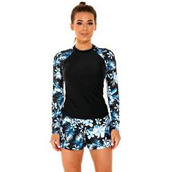 UV Shirt Damen Wasser Langarm Blume Schwimmshirt Bade Tankini Oberteil Shorts Schwimmhose Schwimmanzug Badeanzug mit Bein Frauen UPF 50+ Rashguard Bademode Kurz Strandmode Surfanzug Schwarz S von Odizli