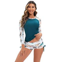 UV Shirt Damen Wasser Langarm Blume Schwimmshirt Bade Tankini Oberteil Shorts Schwimmhose Schwimmanzug Badeanzug mit Bein Frauen UPF 50+ Rashguard Bademode Kurz Strandmode Surfanzug Türkis XXL von Odizli