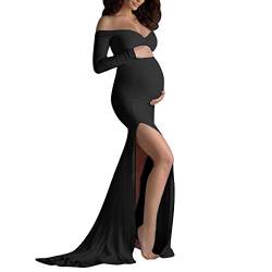 Umstandskleid Fotoshooting Babybauch Shooting Outfit Damen Elegant Sexy V-Ausschnitt Side Split Meerjungfrau Langes Schwangerschaftskleider Schwanger Festlich Hochzeit Abendkleider Schwarz-Langarm XL von Odizli