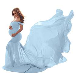 Umstandskleid Fotoshooting Babybauch Shooting Outfit Schulterfreies Chiffon Tüll Meerjungfrau Langes Schwanger Kleidung Festlich Hochzeit Elegant Abendkleider Umstandsmode Hellblau Einheitsgröße von Odizli