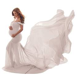 Umstandskleid Fotoshooting Babybauch Shooting Outfit Schulterfreies Chiffon Tüll Meerjungfrau Langes Schwanger Kleidung Festlich Hochzeit Elegant Abendkleider Umstandsmode Hellgrau Einheitsgröße von Odizli