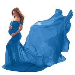 Umstandskleid Fotoshooting Babybauch Shooting Outfit Schulterfreies Chiffon Tüll Meerjungfrau Langes Schwanger Kleidung Festlich Hochzeit Elegant Abendkleider Umstandsmode Himmelblau Einheitsgröße von Odizli