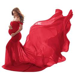 Umstandskleid Fotoshooting Babybauch Shooting Outfit Schulterfreies Chiffon Tüll Meerjungfrau Langes Schwanger Kleidung Festlich Hochzeit Elegant Abendkleider Umstandsmode Rot Einheitsgröße von Odizli