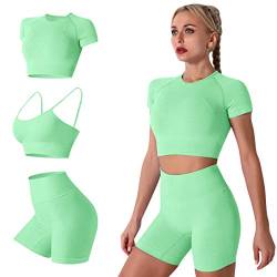 Workout Set Damen Sport BH Starker Halt + Kurzarm Crop Tops + High Waist Radlerhose Shorts Sport Set Fitness Bekleidung Gym Outfit Yoga Kleidung Sportanzug Jogginganzug Frauen Sportsachen Grün S von Odizli