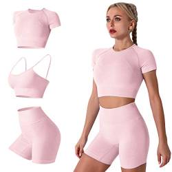 Workout Set Damen Sport BH Starker Halt + Kurzarm Crop Tops + High Waist Radlerhose Shorts Sport Set Fitness Bekleidung Gym Outfit Yoga Kleidung Sportanzug Jogginganzug Frauen Sportsachen Rosa L von Odizli