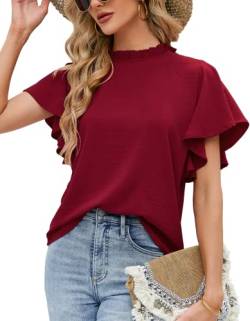 Bluse Damen Kurzarm Festlich Sommer Longshirt Elegant Retro Stehkragen mit Rüschen Oversize Top Einfarbig Rüschenärmel Abend Partys Hochzeit Oberteile T Shirt von Odosalii