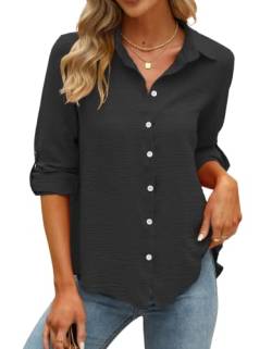 Blusen Damen Sexy Knopfleiste 3/4 Ärmel Bluse Lässige V-Ausschnitt Langarmshirt Leichte Dreiviertelarm Lockerer Dressy Karriere Leinen Festlich Schwarz Pullover Oberteile Shirts(Schwarz,Medium) von Odosalii