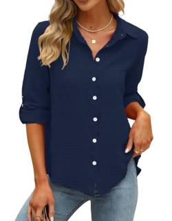 Hemdbluse Damen Elegant Freizeit Musselin Bluse Damen Herbst Kurzarm V Ausschnitt 3/4 Arm Langarm Blusen Longshirt Leichte Lässige Vorne Kurz Hinten Lang Büro Oberteile Shirts Tops(Navy Blau,Small) von Odosalii