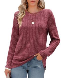 Langarm T Shirts für Frauen,Crew Neck Sweatshirt Weicher Rippstrick Pullover Lässige Solide Pulli Oberteile Tunika Longshirt Strickpullover Weihnachtspulli (Weinrote,XX-Large) von Odosalii