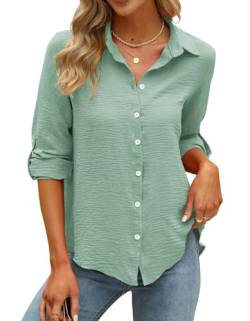 Langarmshirt Damen, Bluse Damen Elegant, 3/4 Ärmel V Ausschnitt Blusen, Casual Einfarbig Lose Roll Up Musselin Tunika Oberteile Hemd mit Knöpf Tops Interview Arbeit Bluse(Hellgrün,Medium) von Odosalii