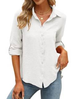 Odosalii Musselin Bluse Damen Elegant Freizeit V Ausschnitt 3/4 Langarm Blusen Pullover Oberteile Longshirt mit Plisseefalten Sexy Leichte Lässige Büro Weiß Hemdbluse Oberteil Shirts Tops(Weiß,Small) von Odosalii