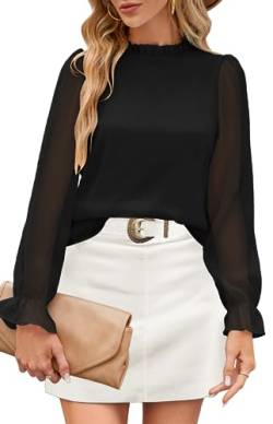 Oberteile Damen,Elegant Lang Ärmel Chiffon Bluse mit Kragen Sexy Schwarz Oberteile Basic Shirt Tops Blusenshirt Arbeitshemden Herbst Winter von Odosalii