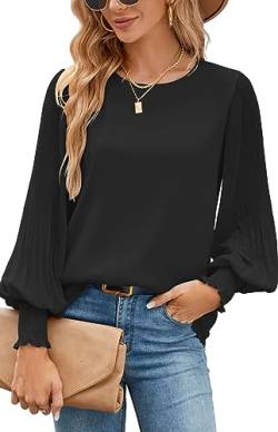 Odosalii Bluse Damen, Elegant Rundhals Locker Langarmshirt Falten Laternenärmel Chiffon Blusen, Freizeit Locker Blusenshirt Schwarz Herbst Langarm Arbeitshemden Hemd Longbluse von Odosalii