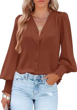 Odosalii Damen Bluse Elegant V-Ausschnitt Knopfleiste Laternenhülse Oberteile Hemd Langarmshirt Longshirts von Odosalii