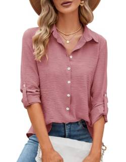 Odosalii Damen Casual V-Ausschnitt Roll Up Ärmel Lose Einfarbig Chiffon Button Down Business Tops Tunika Bluse Shirts, Pink, Groß von Odosalii