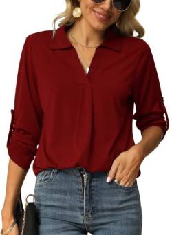 Odosalii Damen Herbst Oberteile Damen Langarm V-Ausschnitt Weinrot Business Bluse Figurschmeichelnd Hemden Shirts von Odosalii