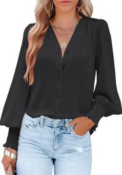 Odosalii Langarmshirt Damen,Musselin Bluse,V-Ausschnitt Chiffon Blusen,Oberteile Damen Herbst,PuffäRmel Schwarze Shirts,Locker Knopfleiste Sexy Oberteil Damen von Odosalii