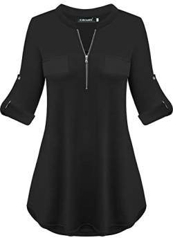 Odosalii Longshirt Damen Winter V-Ausschnitt Ärmel Hochkrempeln Bluse Casual Schwarze Shirt Tunika von Odosalii