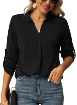 Odosalii Musselin Bluse Damen Schwarz Sommer Oberteile Elegant Sexy V-Ausschnitt Langarm Lockerer Shirt Karriere Hemden Tops von Odosalii