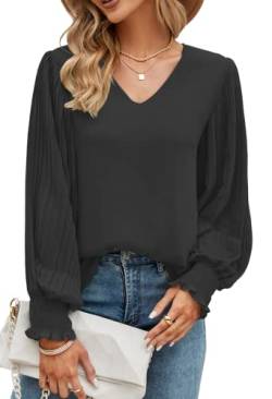 Odosalii Oberteile Damen,Elegant V-Ausschnitt Langarmshirt Falten Laternenärmel Chiffon Bluse Freizeit Locker Blusenshirt Schwarz Arbeitshemden Hemd Pulli Pullover Tshirt Tunika Tuniken von Odosalii