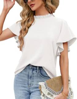 Odosalii Weiße Bluse Damen,Weißes T-Shirt Damen Locker,Bluse Weiß Damen Kurzarm,T Shirt Weiß Damen,T-Shirt Damen Weiß Sommer,Elegante Chiffon Sexy Oberteile,Casual Longbluse Tunika Tops von Odosalii