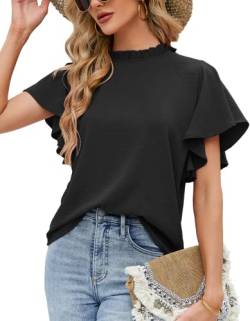 Schwarze Bluse Damen,Bluse Schwarz Damen,T Shirt Damen Schwarz,Schwarzes Chiffon Sexy Oberteile Klassische Frill Mock Neck Lässige Longbluse Tops Hemd Blusenshirt von Odosalii