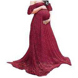 Odoukey Mutterschaftskleid, trägerloses Kleid mit Spitze, Florale Mutterschaftsfotografiekleid, schickes Schwangerschaftskleid für schwangeres Fotoshooting (Wein rot, 2XL) von Odoukey