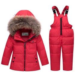 Odziezet Unisex Baby Kinder Puffer Winter Warme Schneeanzug Jacke Hoodie Mantel Unten mit Schnee Unten Trägerhose 2 Stücke Ski Outfit Set 1-5 Jahre Rot, 4-5 Jahre(Etikette XL) von Odziezet