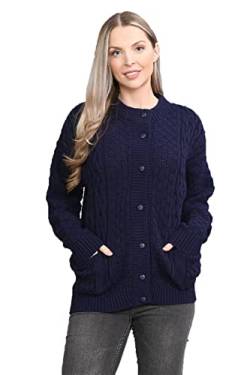 OgLuxe Damen-Strickjacke, Strickjacke, Knopfleiste, grobes Zopfmuster, Rundhalsausschnitt, Tasche vorne, Knopfleiste, navy, 34-36 von OgLuxe