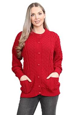 OgLuxe Damen-Strickjacke, Strickjacke, Knopfleiste, grobes Zopfmuster, Rundhalsausschnitt, Tasche vorne, Knopfleiste, rot, 46/48/Große Größen von OgLuxe