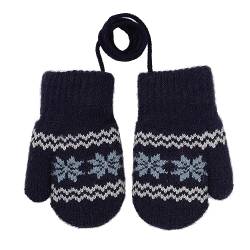 OhMill Kinder Cartoon-Handschuhe Winter Strickhandschuh Winddichte Fausthandschuhe mit Schlüsselband für 0-3 Jahre Kinder (Dunkelblaues Schneeflockenmuster) von OhMill