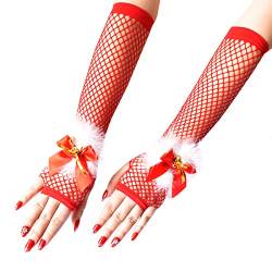 OhMill Rote Halbfingerhandschuhe Fischnetz-Handschuhe Weihnachtshandschuhe Weihnachtsdekoration mit Schleife Glöckchen Plüsch für Frauen,Party,Bar,Hochzeit von OhMill