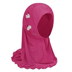 OhMill Weich Atmungsaktiv Arabisch Hijab Islamischer Gebetshut Muslimischer Blumen Kopftuch Kopfkappe Schal Kopfschmuck für 2-7 Jahre alt Mädchen (Rot) von OhMill