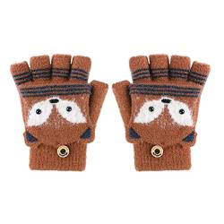 OhMill Winter Warme Halbfinger gestrickt Flip Top Handschuhe Fingerhandschuhe für Kinder Junge Mädchen (Kaffee-Fuchs-Muster) von OhMill