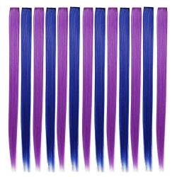Oikabio 13 Stück farbige Clips für Partys in Haarverlängerungen, 55 cm, gerade synthetische Haare, Violett + Blau von Oikabio