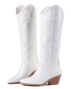Ojiaoer Westernstiefel für Damen, bestickt, Cowboy-Stiefel, modisch, Retro, spitz, Stange, weites Bein und Knie-, Weiß, 38 EU von Ojiaoer