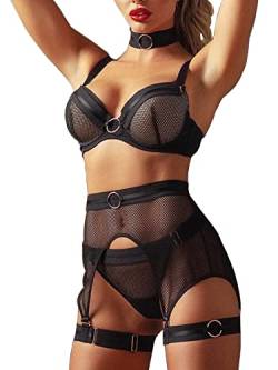 Ojostern Dessous Damen Sexy Reizwäsche Unterwäsche Set Strapsen Dessous Set mit Strapsgürtel und Halsband für Frauen 4 Stück Schwarz XL von Ojostern