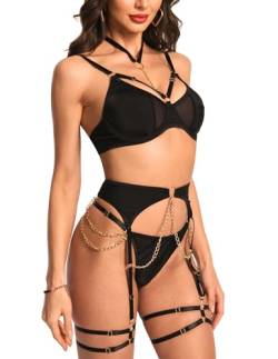 Ojostern Strapsen Dessous Set für Damen Dessous Sexy Unterwäsche Reizwäsche Set mit BH und Slip mit Choker 5-TLG. Schwarz M von Ojostern