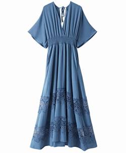 Damen Spitze Maxikleid Kurzarm V Ausschnitt Partykleid Gesmokte Taille Boho Maxikleid Bohemian Kleid für Frauen, Blau, XX-Large von Olaesa