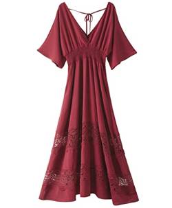 Damen Spitze Maxikleid Kurzarm V Ausschnitt Partykleid Gesmokte Taille Boho Maxikleid Bohemian Kleid für Frauen, Dunkelrot, XX-Large von Olaesa