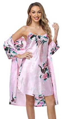 Old-Times Damen 2 Stück Satin Sexy Dessous Nachthemd Blumen Robe und Pyjama Set Seide Nachtwäsche S-XXXL, Pink, X-Large von Old-Times
