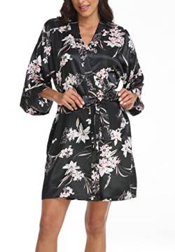 Old-Times Kurzer Damen-Bademantel, Kimono, seidig, für Brautjungfern, Brautjungfern, bereit für Hochzeiten, Geschenke, Honoka-schwarz, Medium von Old-Times