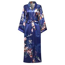 Old-to-new Damen Satin Bademäntel Lang Floral Kimono Muttertag Geschenk Leicht Bademantel Nachtwäsche Seidig Morgenmantel, Königsblau, Einheitsgröße von Old-to-new