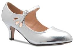 Olivia K Mary Jane Pumps für Damen, Kätzchen, niedriger Absatz, runde Zehenpartie, bezaubernde Vintage-Retro-Schuhe, einzigartiges Design mit seitlichen Ausschnitten, Hellsilberfarbenes PU, 39 EU von Olivia K