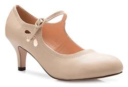 Olivia K Mary Jane Pumps für Damen, Kätzchen, niedriger Absatz, runder Zehenbereich, entzückende Vintage-Retro-Schuhe, einzigartiges Design mit seitlichem Ausschnitt, Beige (Nude Pu), 38.5 EU von Olivia K