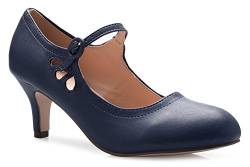 Olivia K Mary Jane Pumps für Damen, Kätzchen, niedriger Absatz, runder Zehenbereich, entzückende Vintage-Retro-Schuhe, einzigartiges Design mit seitlichem Ausschnitt, Blau (Blau Marineblau PU), 39 EU von Olivia K