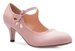 Olivia K Mary Jane Pumps für Damen, Kätzchen, niedriger Absatz, runder Zehenbereich, entzückende Vintage-Retro-Schuhe, einzigartiges Design mit seitlichem Ausschnitt, Pink (Rose Pink PU), 40 EU von Olivia K